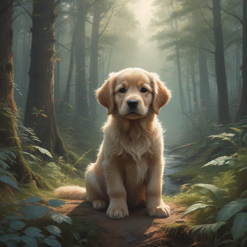 Whimsical Fantasy Golden Retriever in Dreamy Forest