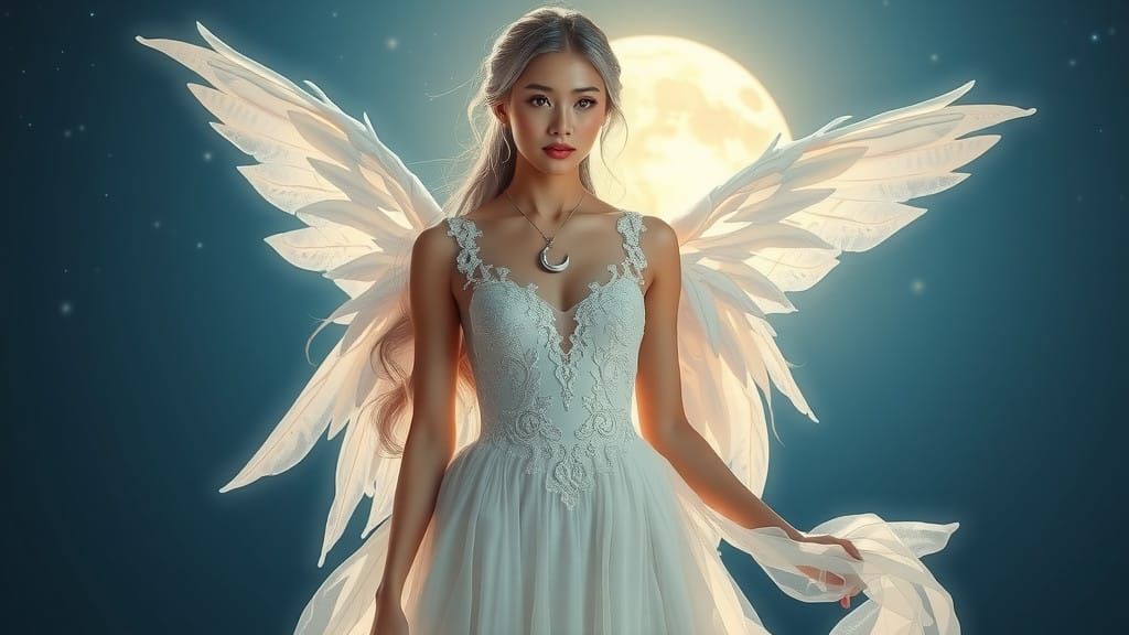 Ethereal Asian Goddess in Radiant White Gown with Angelic Wi...