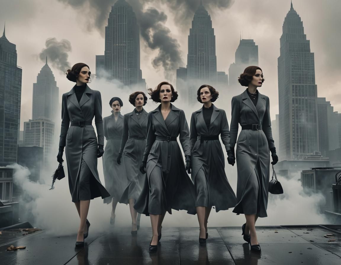 Eerie Art Deco Ladies in Foggy Cityscape