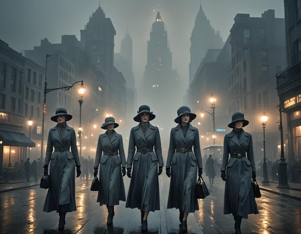 Art Deco Ladies in Foggy Cityscape