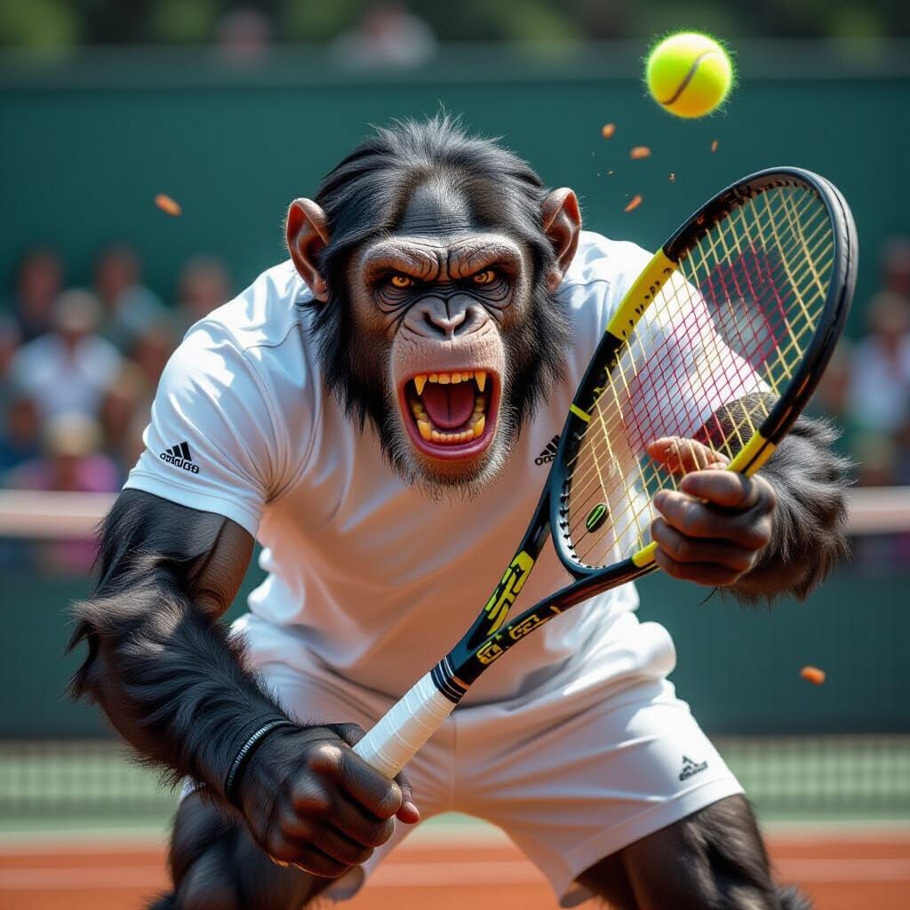 Aggressive Chimpanzee Smashes Tennis Ball on Center Court