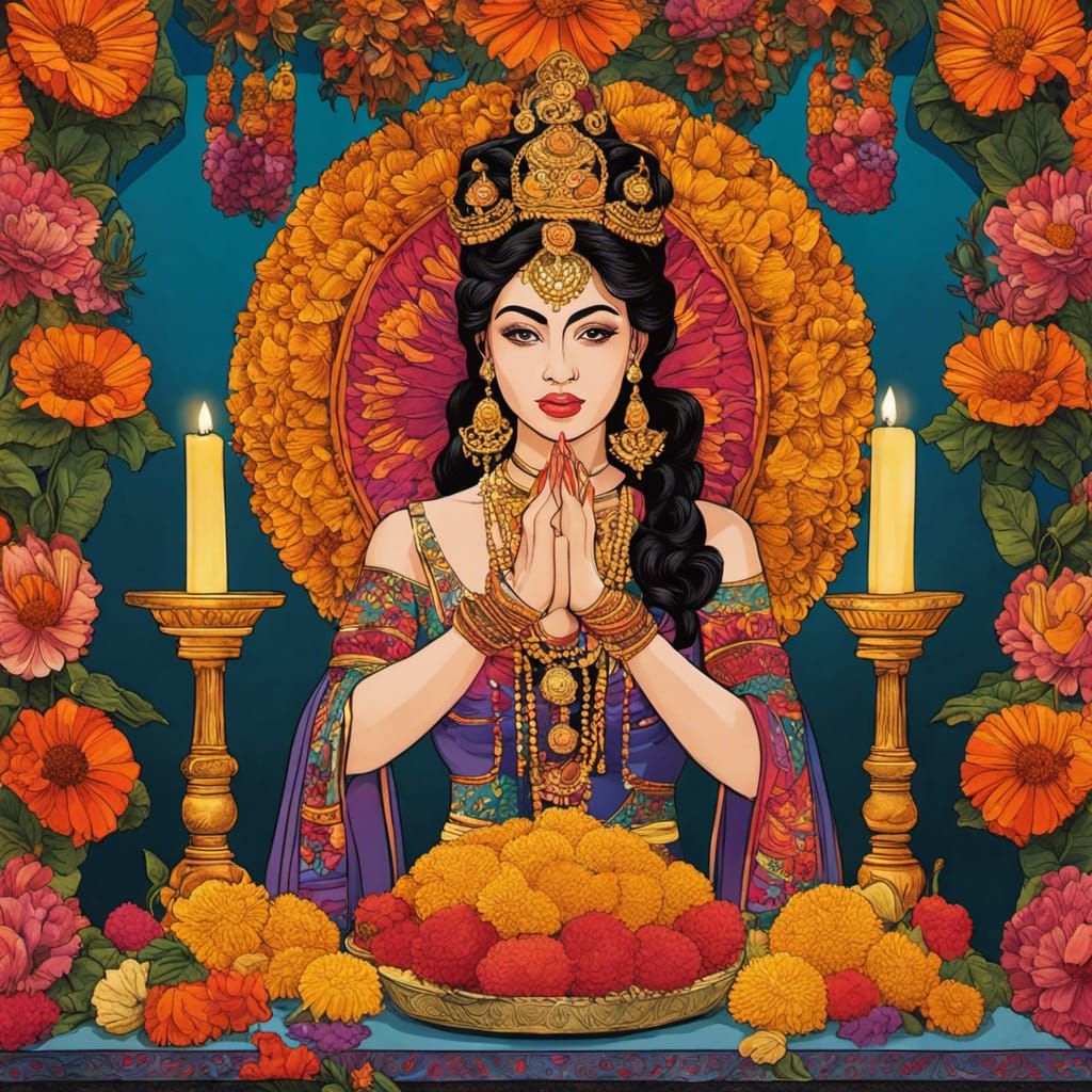 Beautiful Woman at Ofrenda with Marigolds