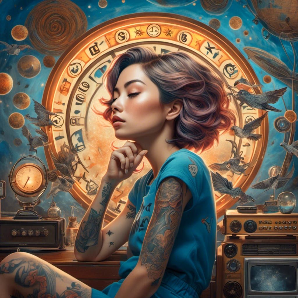 Tattooed Girl with Root Lights in Retro Anime Style