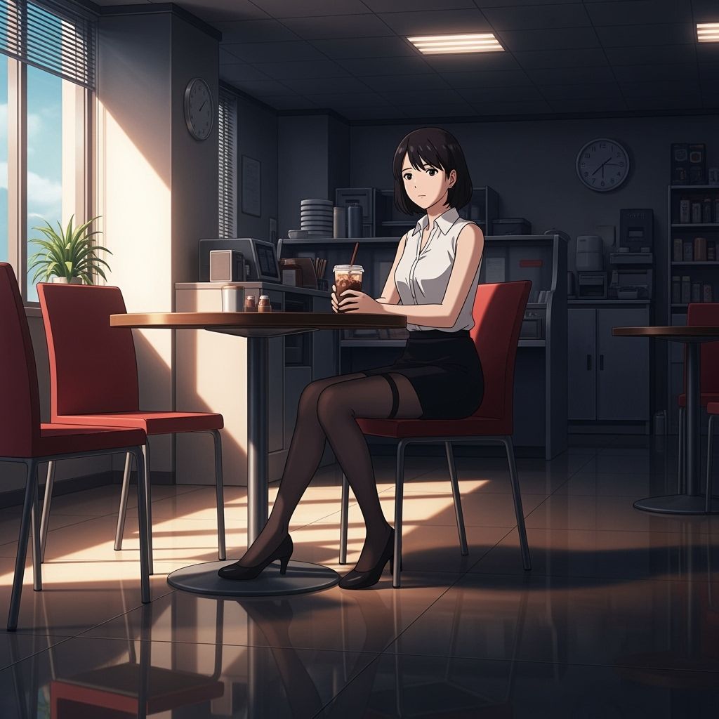Anime Office Lady in Dimly Lit Cafe