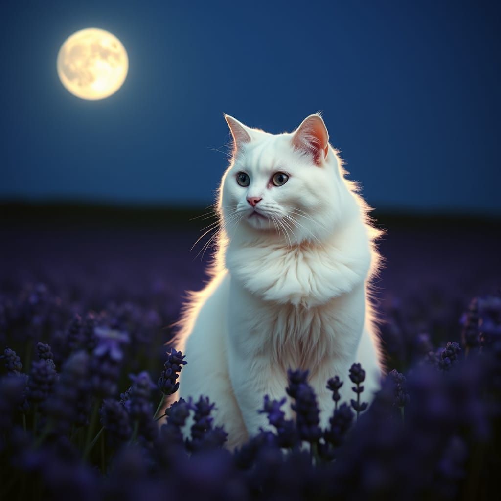 Regal White Cat in Lavender Dreamscape
