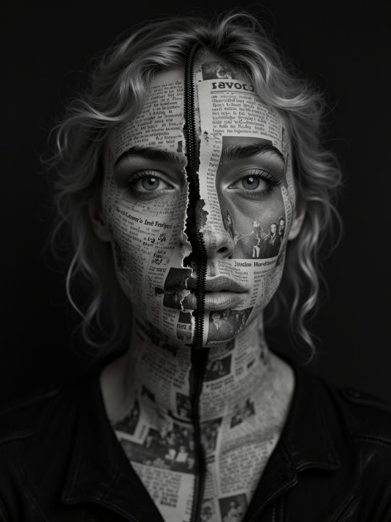 Woman With Zippered Face and Newspaper Overlay