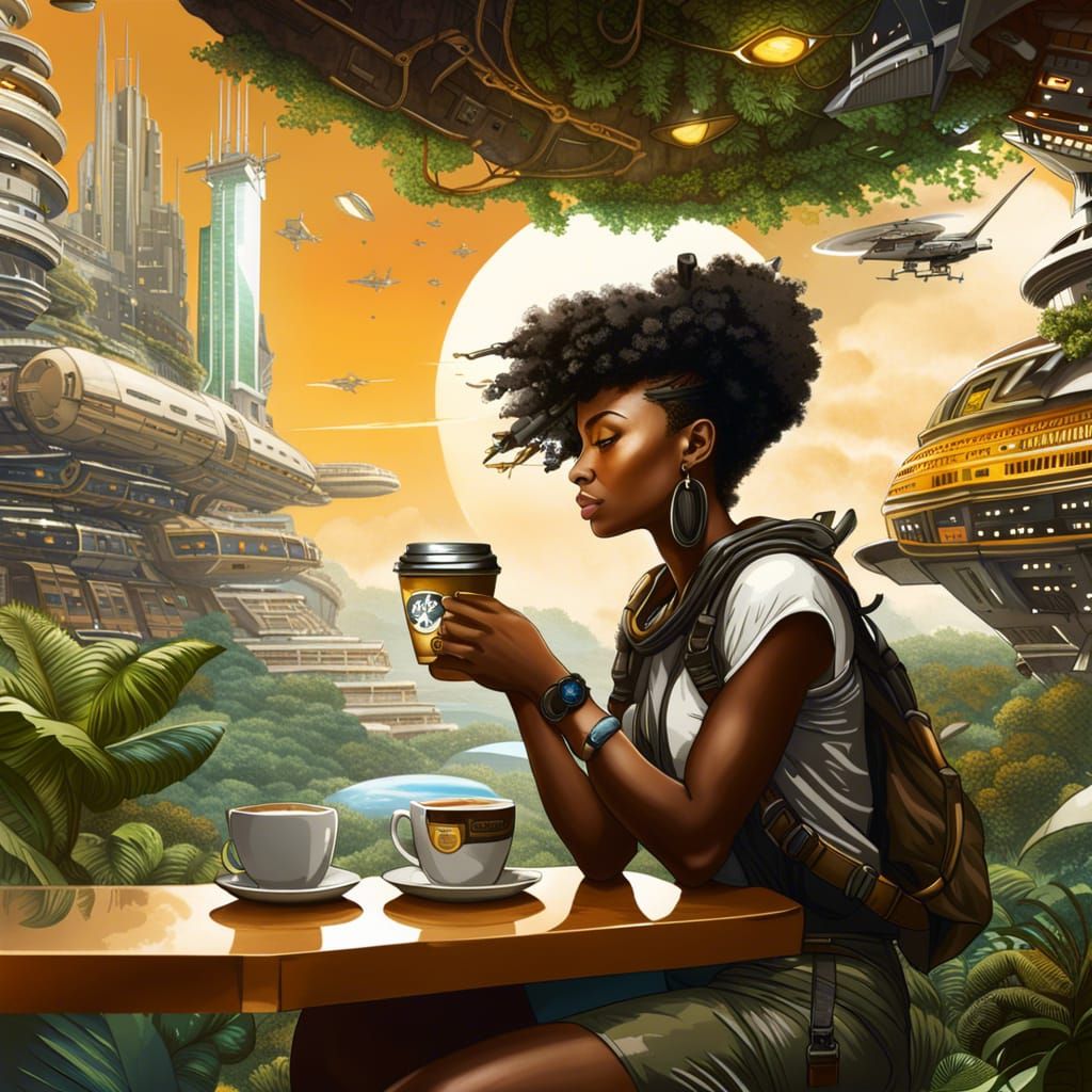 Afrofuturist Ecopunk Coffee Shop on Space Station