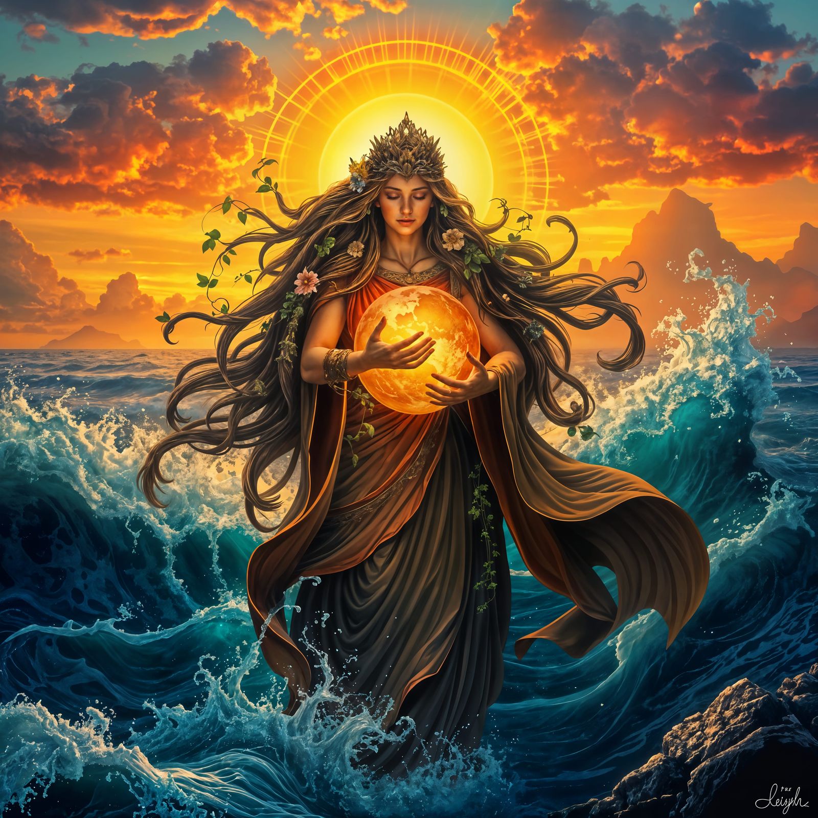 Earth Goddess Emerges from Ocean at Sunset