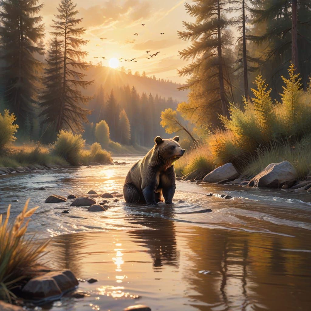 Impressionist Bear by River at Sunset