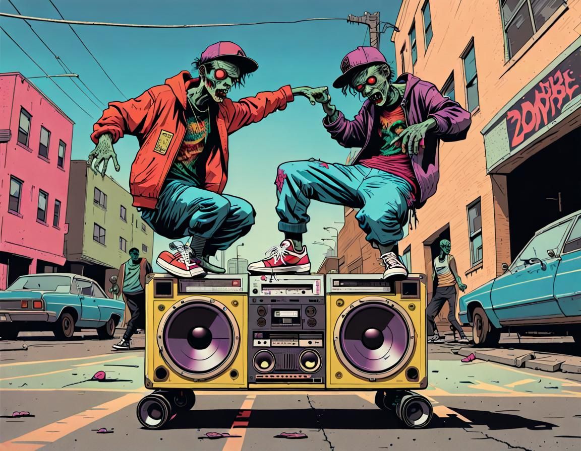 Zombie Breakdancers on a Street Corner in Synthwave Style