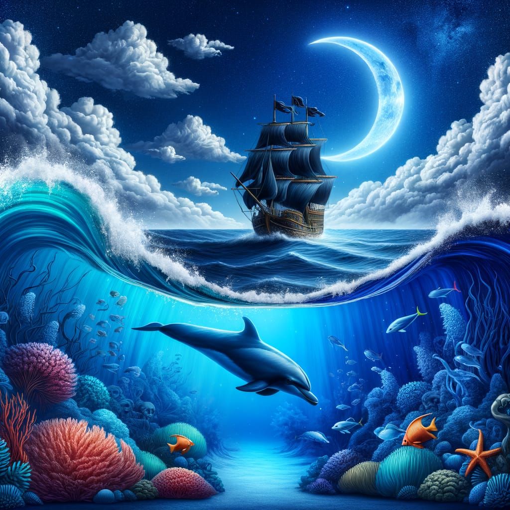 Dual Realm: Night Sky Meets Underwater Pirate Ship Adventure