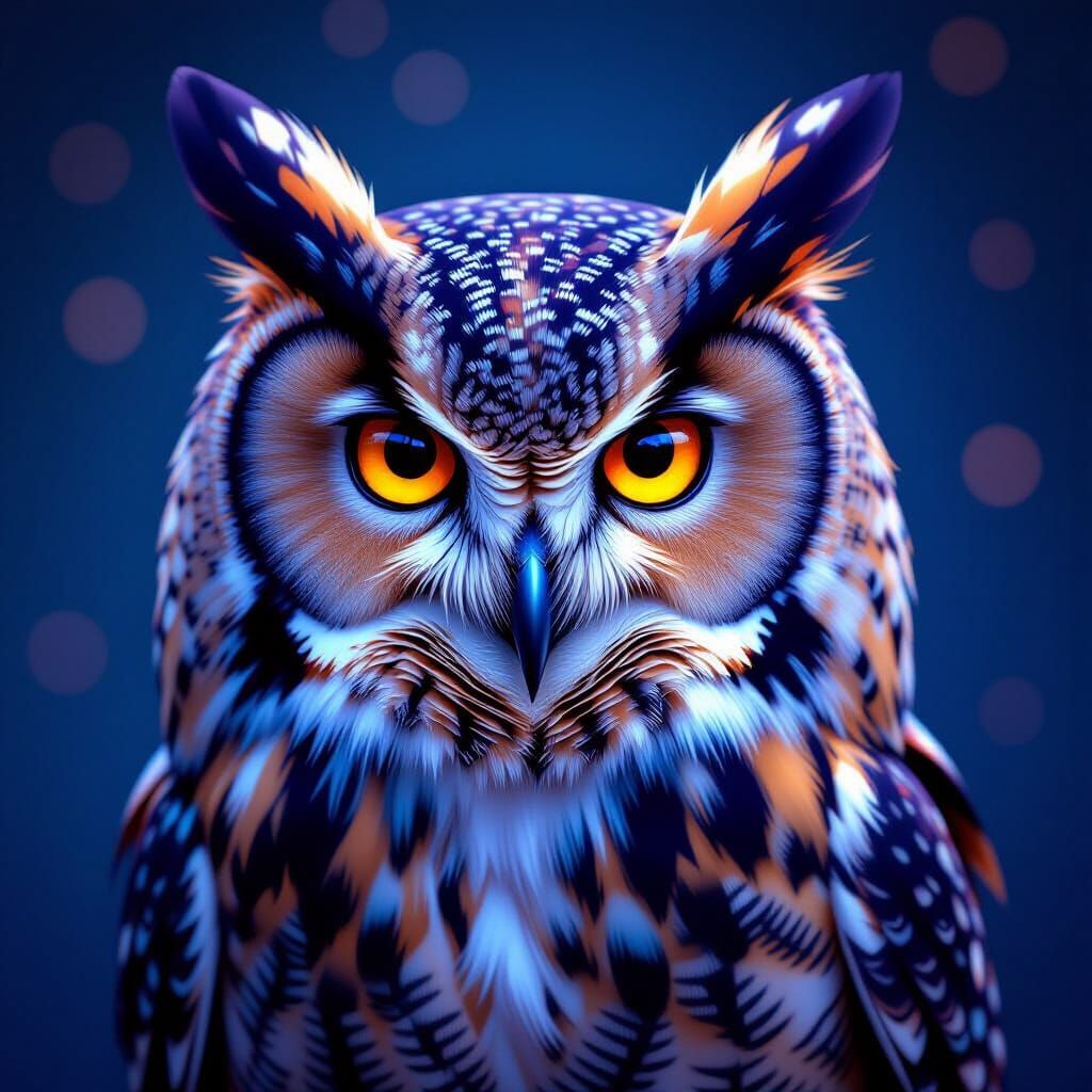 Wise Owl Portrait with Bioluminescent Feathers