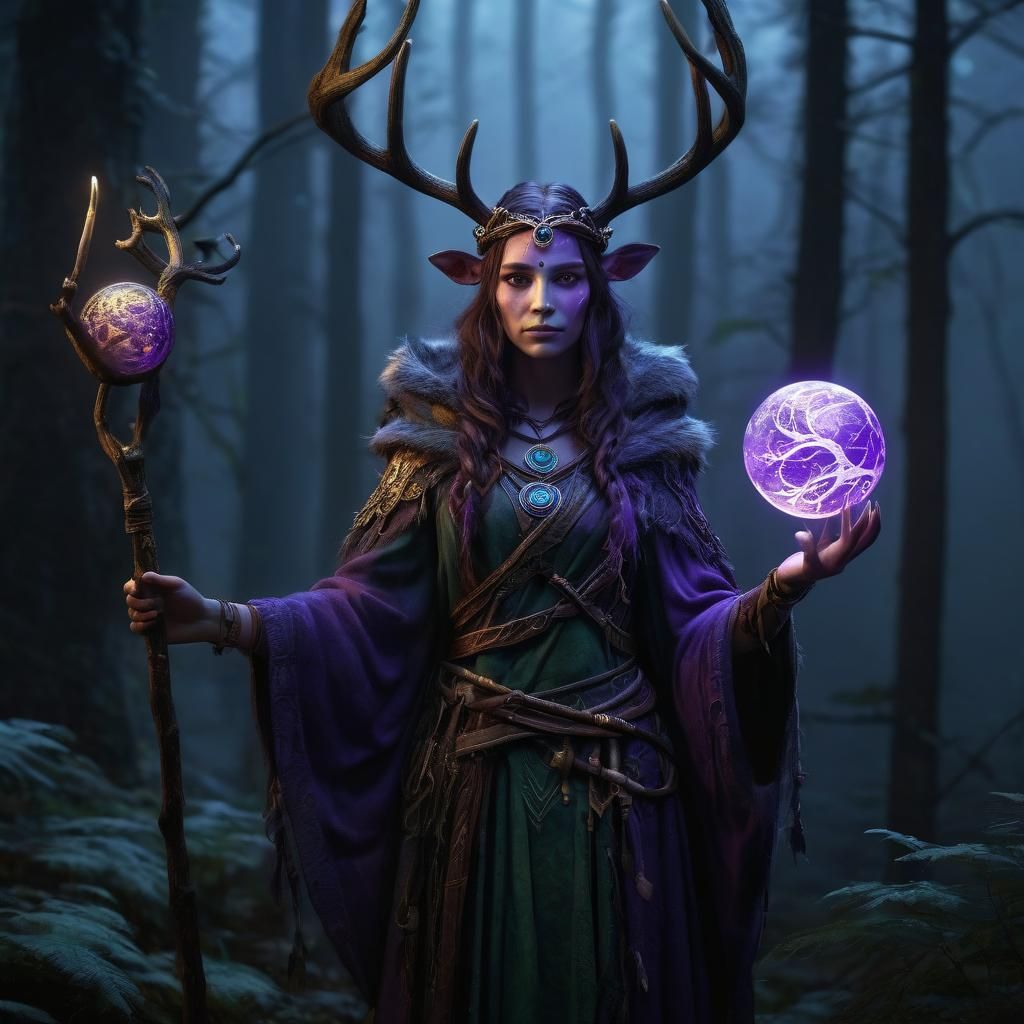Female Druid with Antlers and Magical Staff