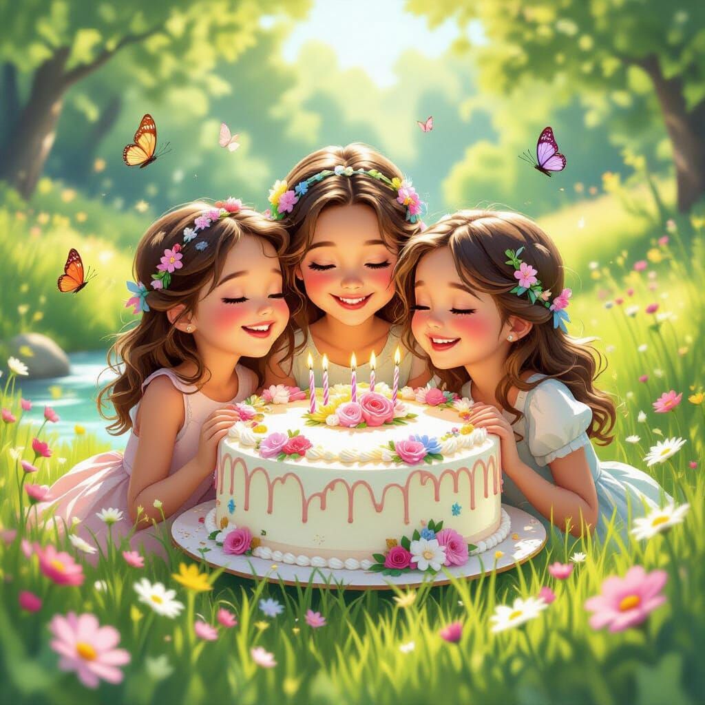 Three Sisters Share Giant Cake in Sun-Dappled Meadow