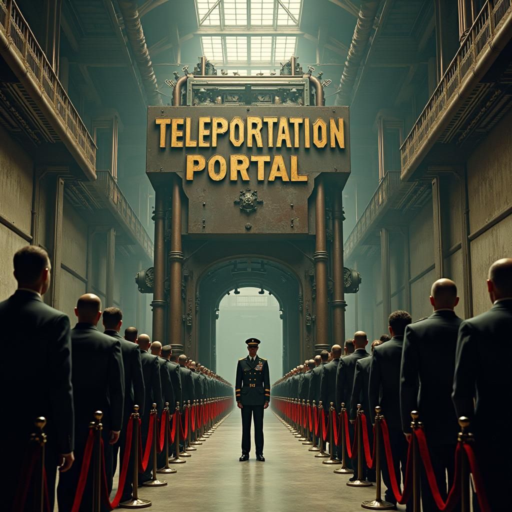 Retro-Futuristic Teleportation Portal in Industrial Hall