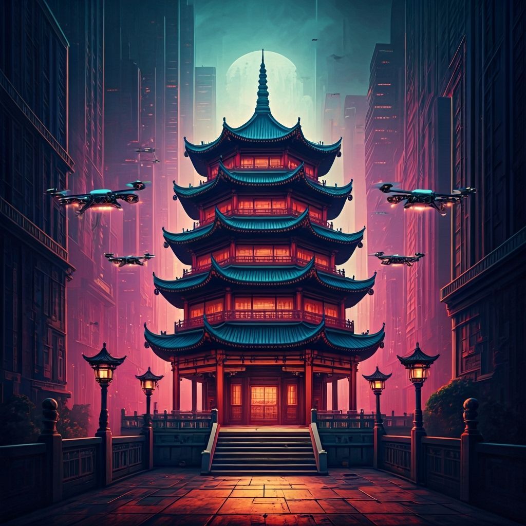 Cyberpunk Pagoda in Neon Sci-Fi Setting