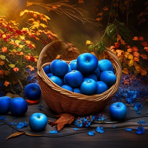 Blue Apples in Wicker Basket: Fall Tablescape Art