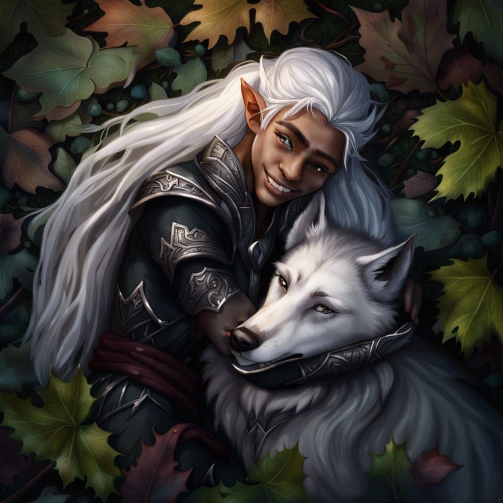 Elf and Wolf Embrace: Fantasy Concept Art