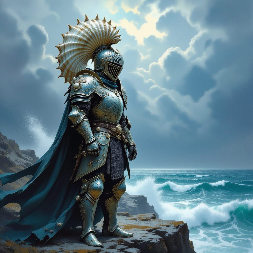 Knight in Seashell Armor on Stormy Cliff