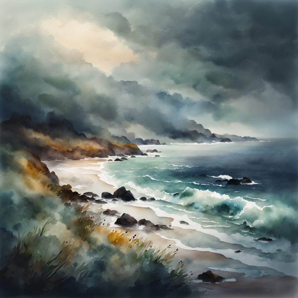 Dreamy Watercolor Coastal Landscape in the Rain