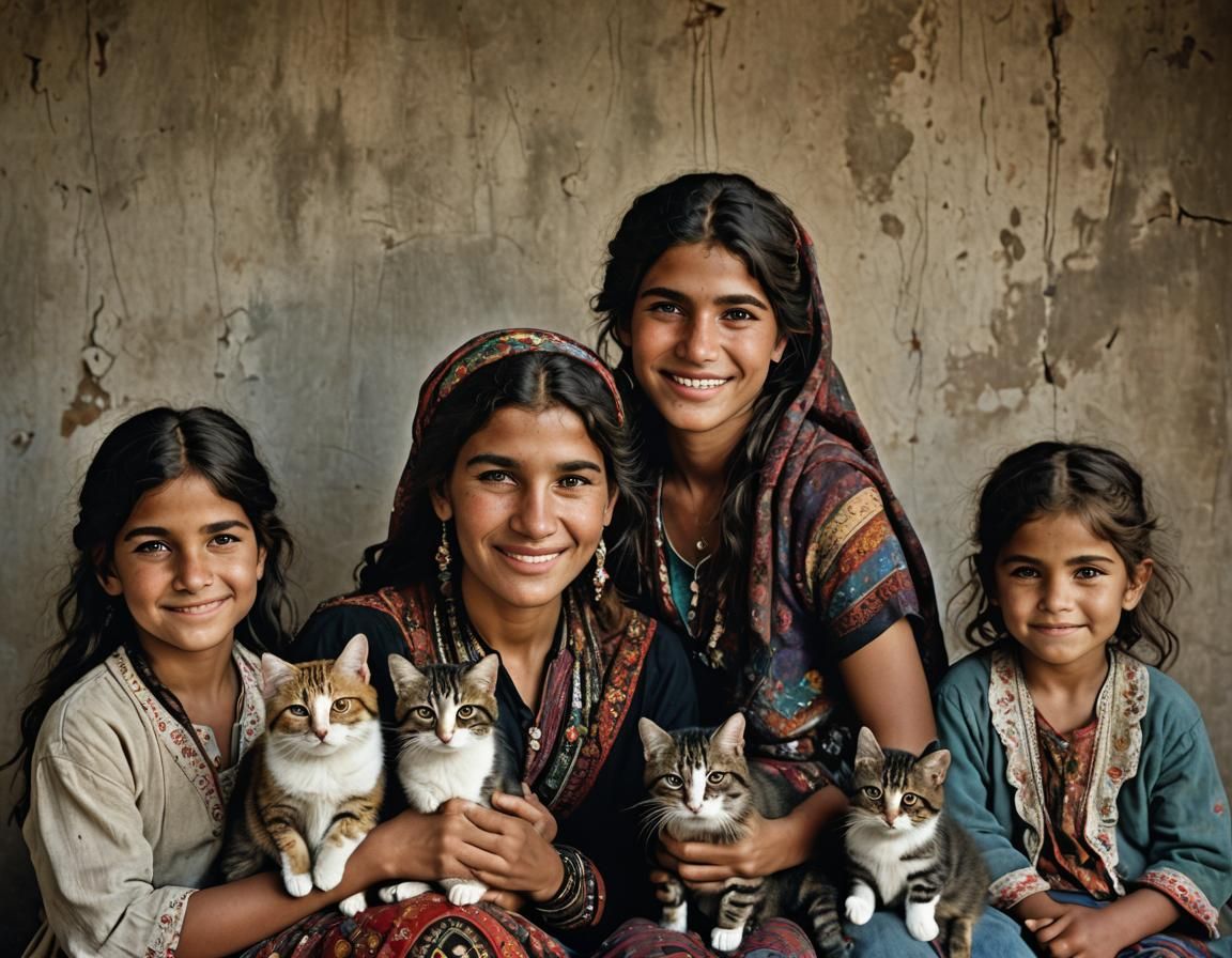 Portrait of Three Gypsy Sisters with Cats