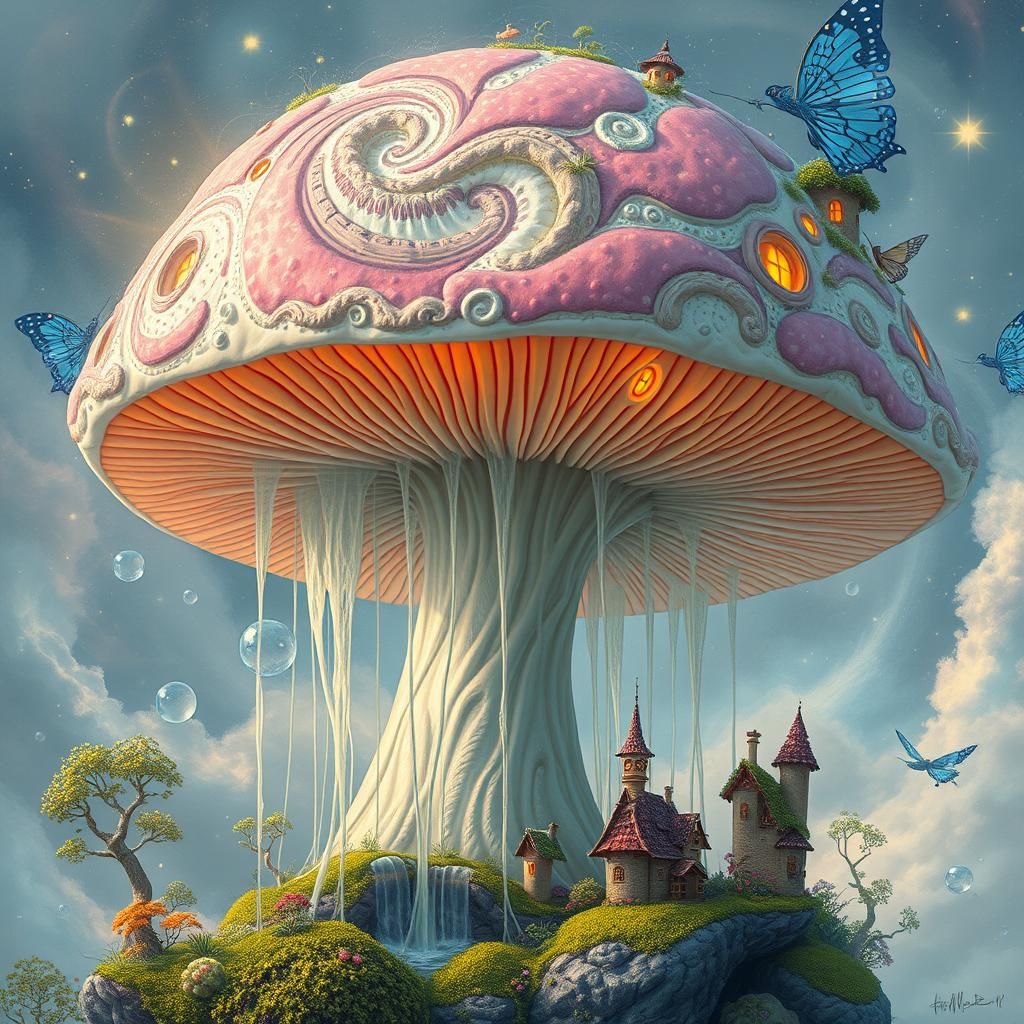 an abstract of a giant floating mushroom, the mushroom has w...