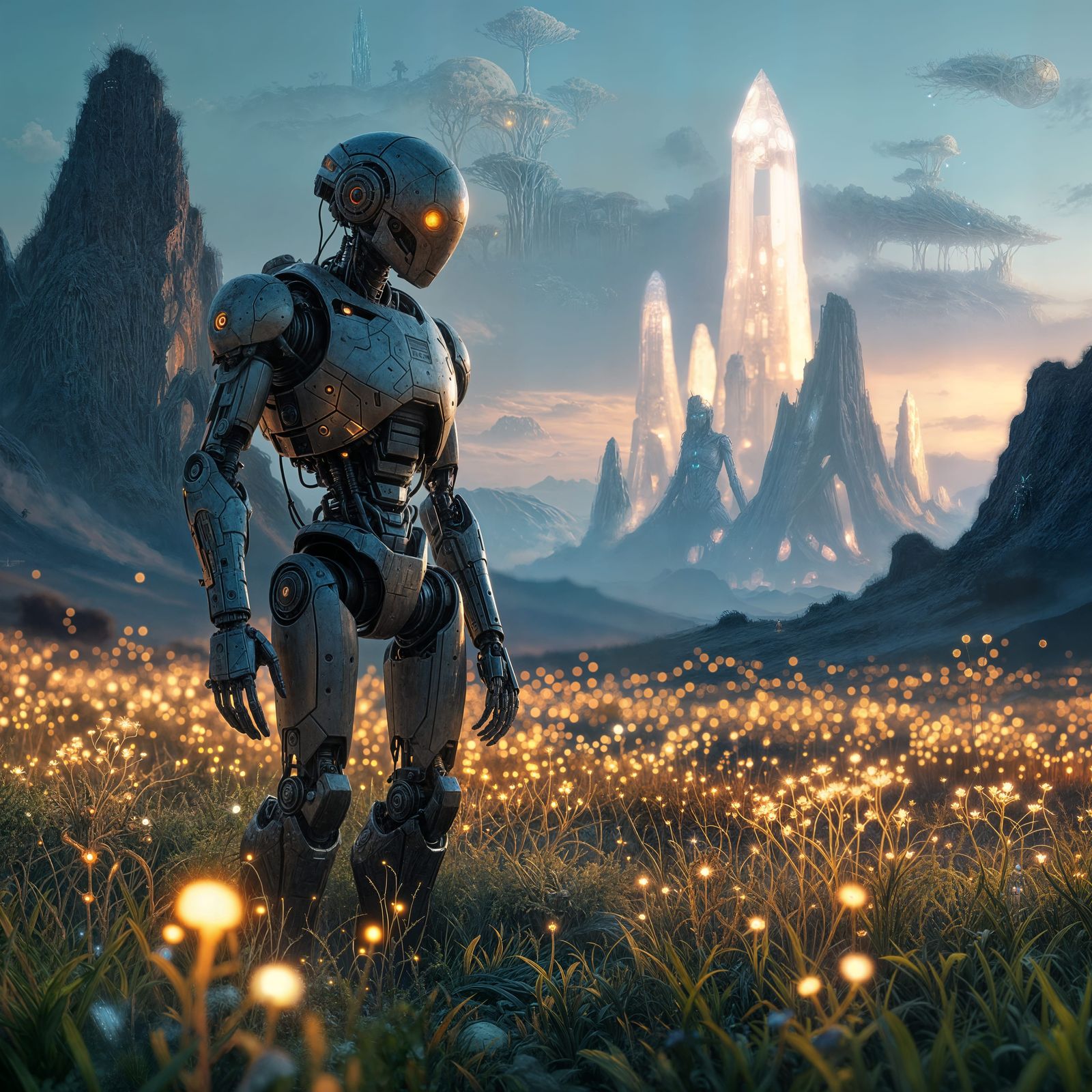 Ancient Robot in Alien Bioluminescent Flora Field