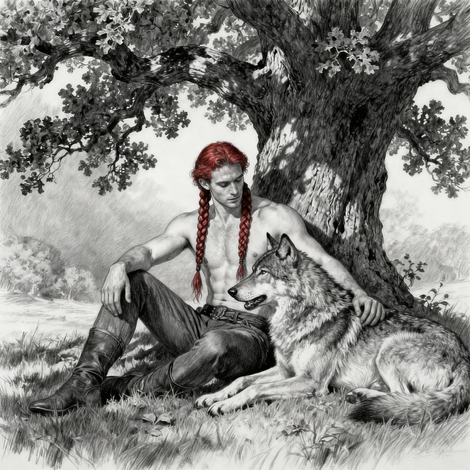 Pencil Drawing of Man with Wolves