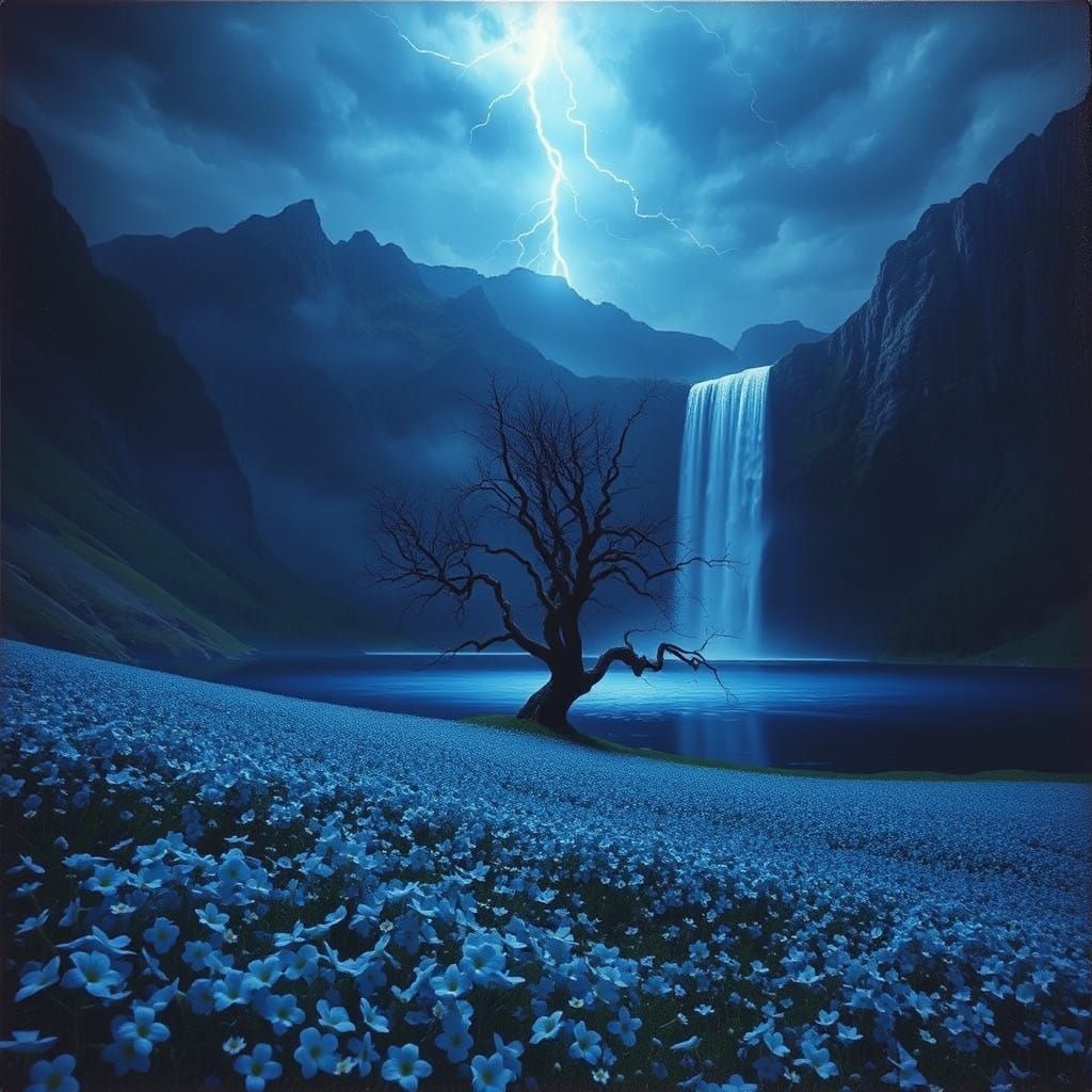 Surreal Landscape of Blue Flowers and Foreboding Mountains