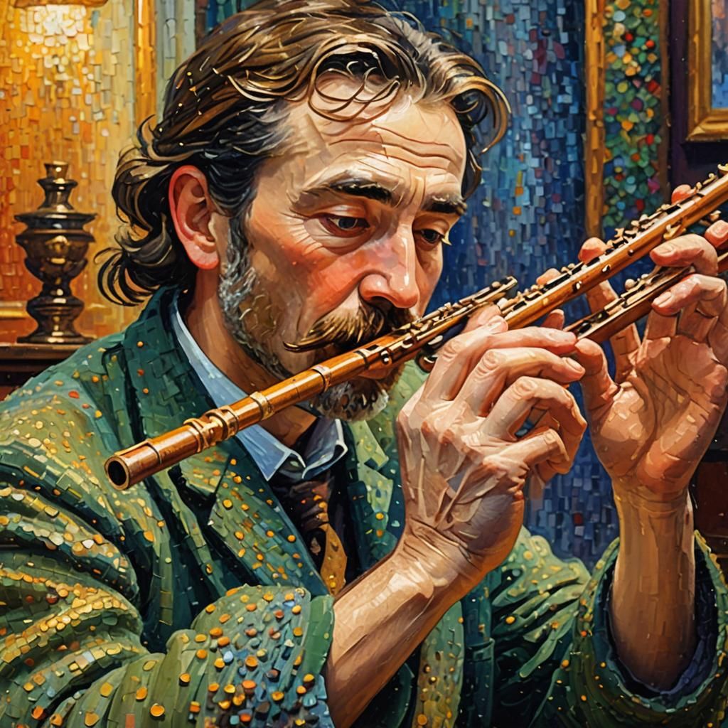 Pointillist Flute Player in Golden Light