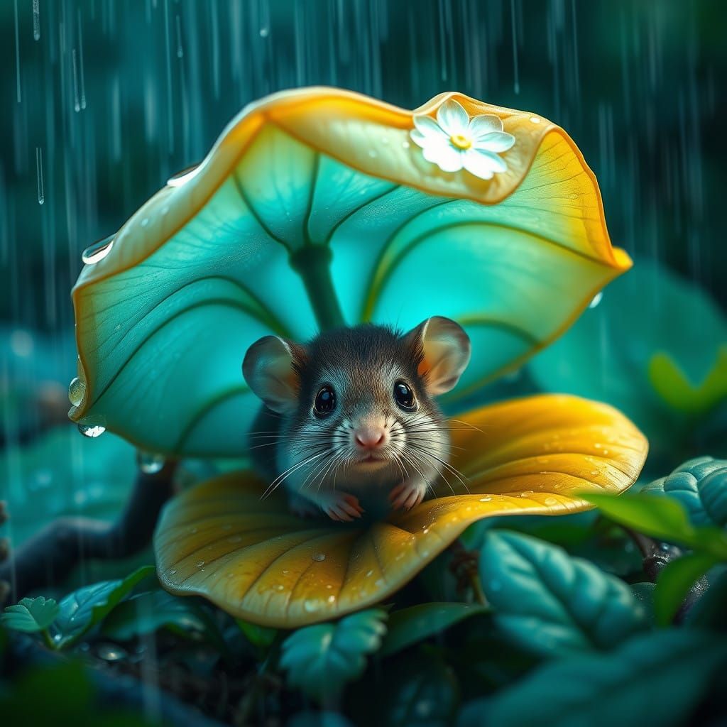 Tiny Mouse Seeks Shelter Under Vibrant Blue and Yellow Flowe...