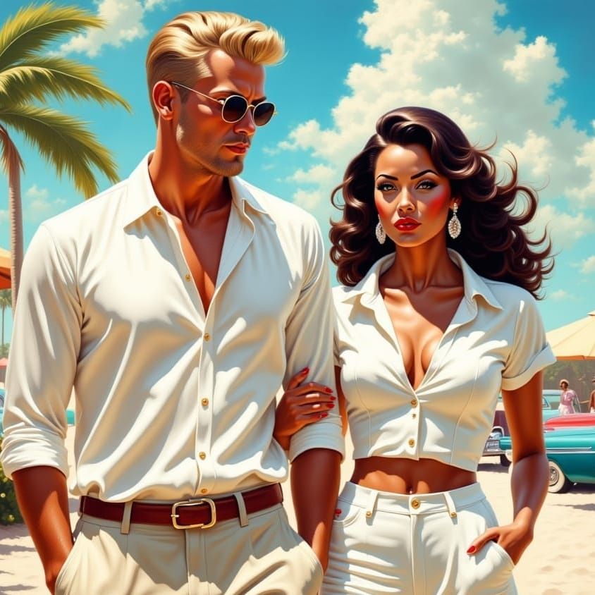 Miami Beach Couple in Impressionistic Oil Painting