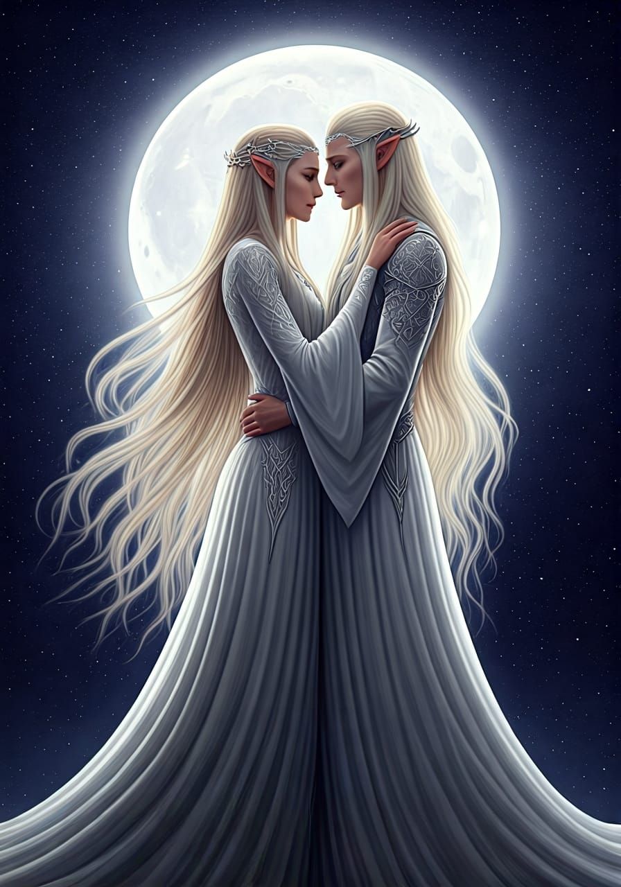 Elven Lovers Embrace Under Moonlight