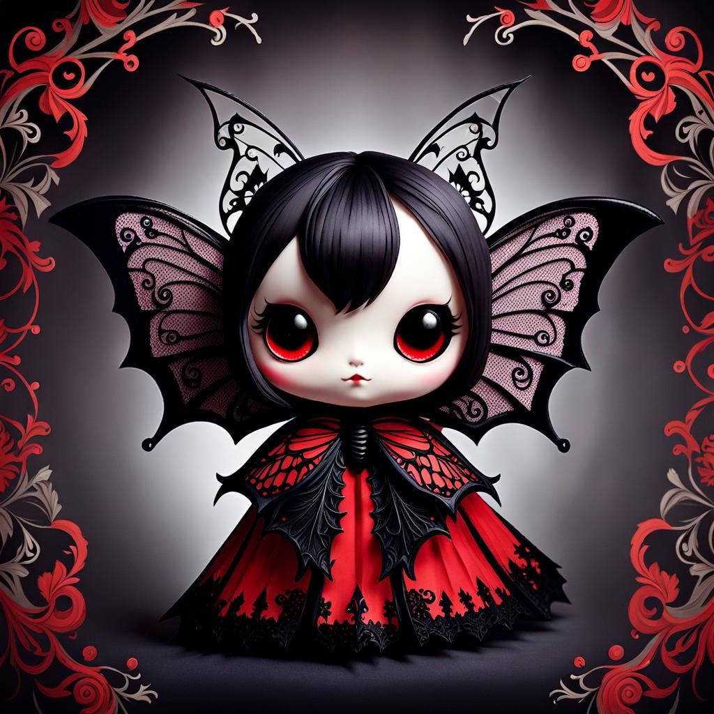 Gothic Chibi Bat-Butterfly Hybrid in Gloomy Forest