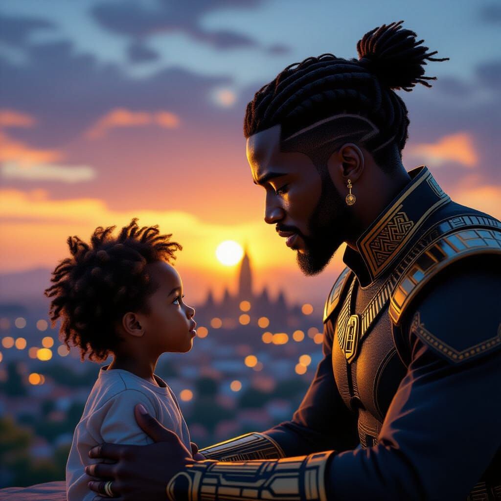 Afrofuturist Father Shares Wisdom with Child in Wakanda