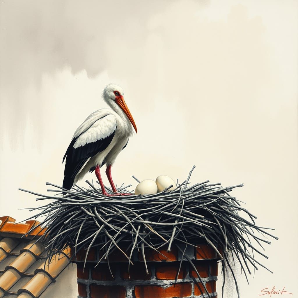 Romantic Alsatian Chimney Scene in Expressive Gouache Style