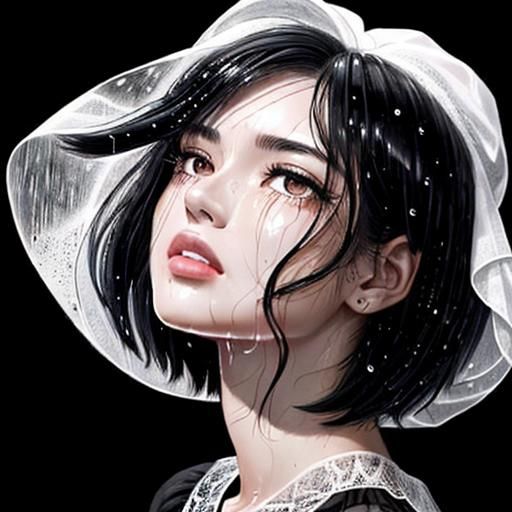 Sad Girl Crying in Rain, Cross Hatching Drawing