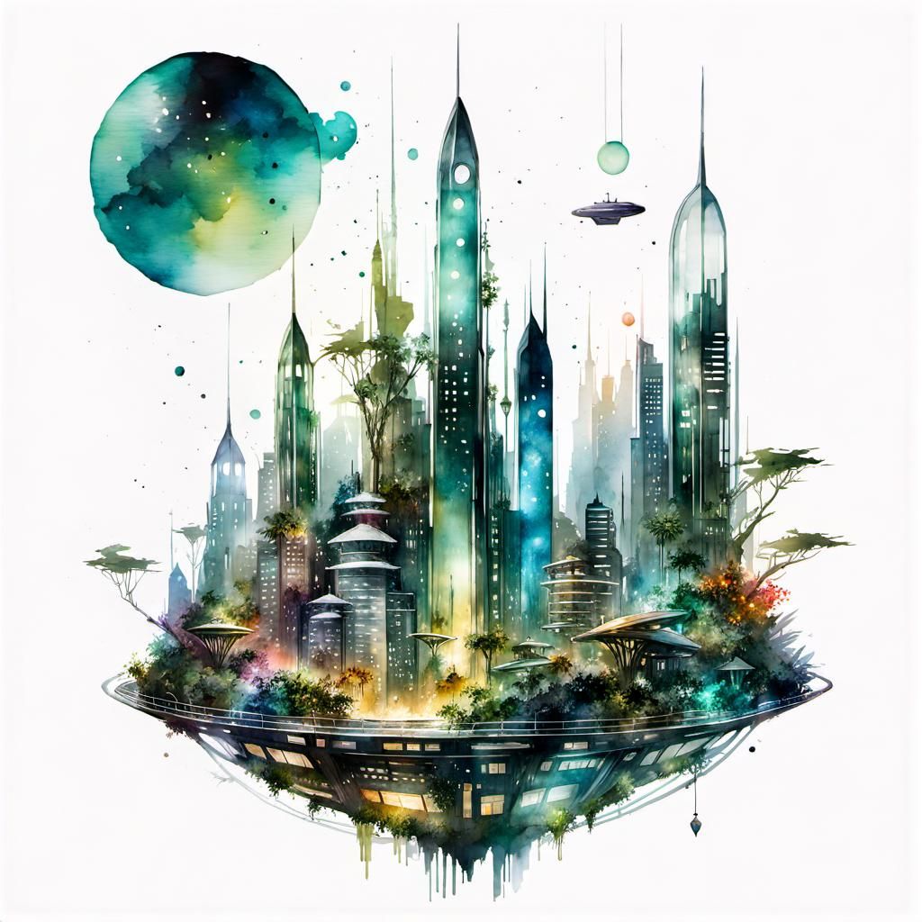 Futuristic City with Transparent Spaceships in 3D