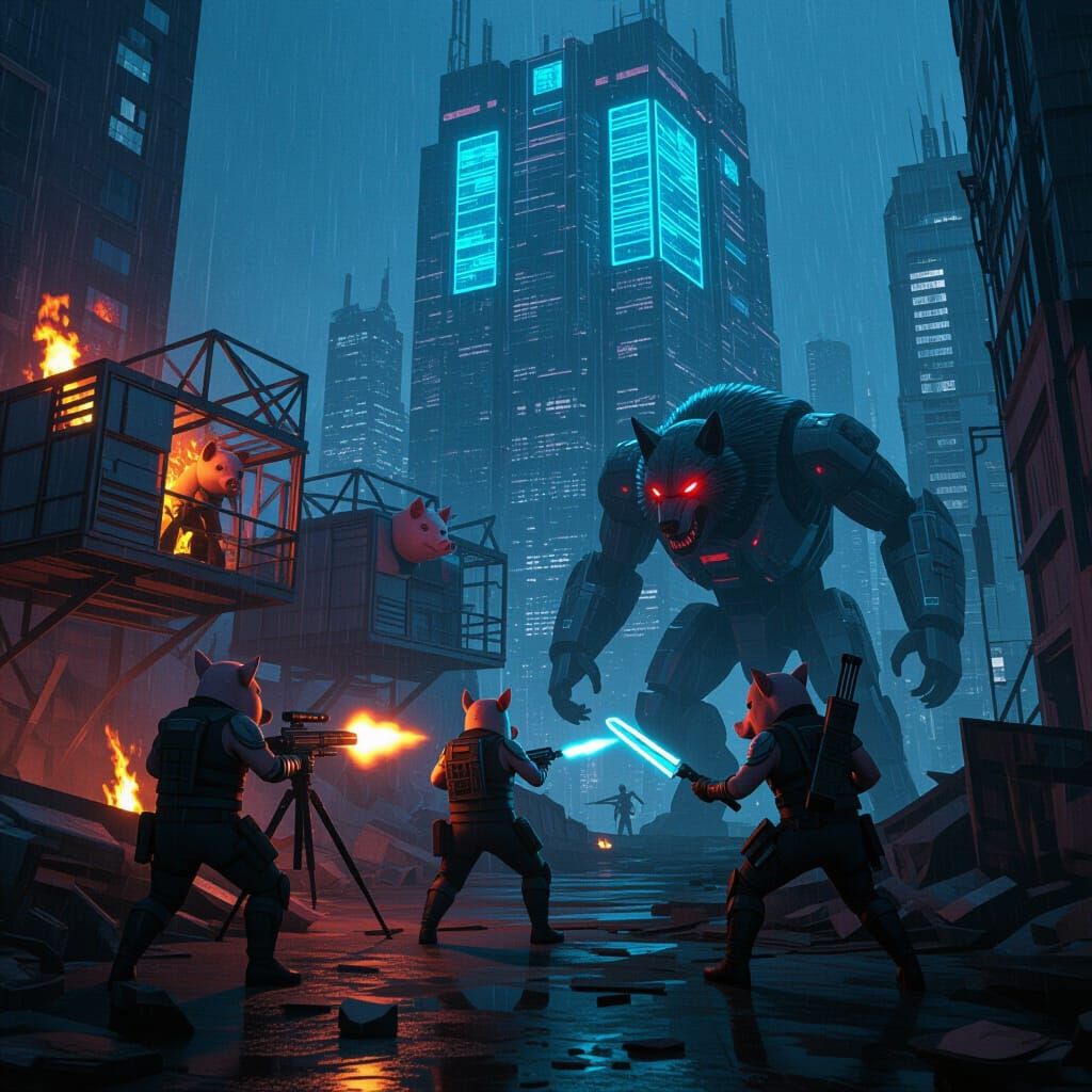 Cyberpunk Three Little Pigs vs Robotic Wolf Fortress Battle