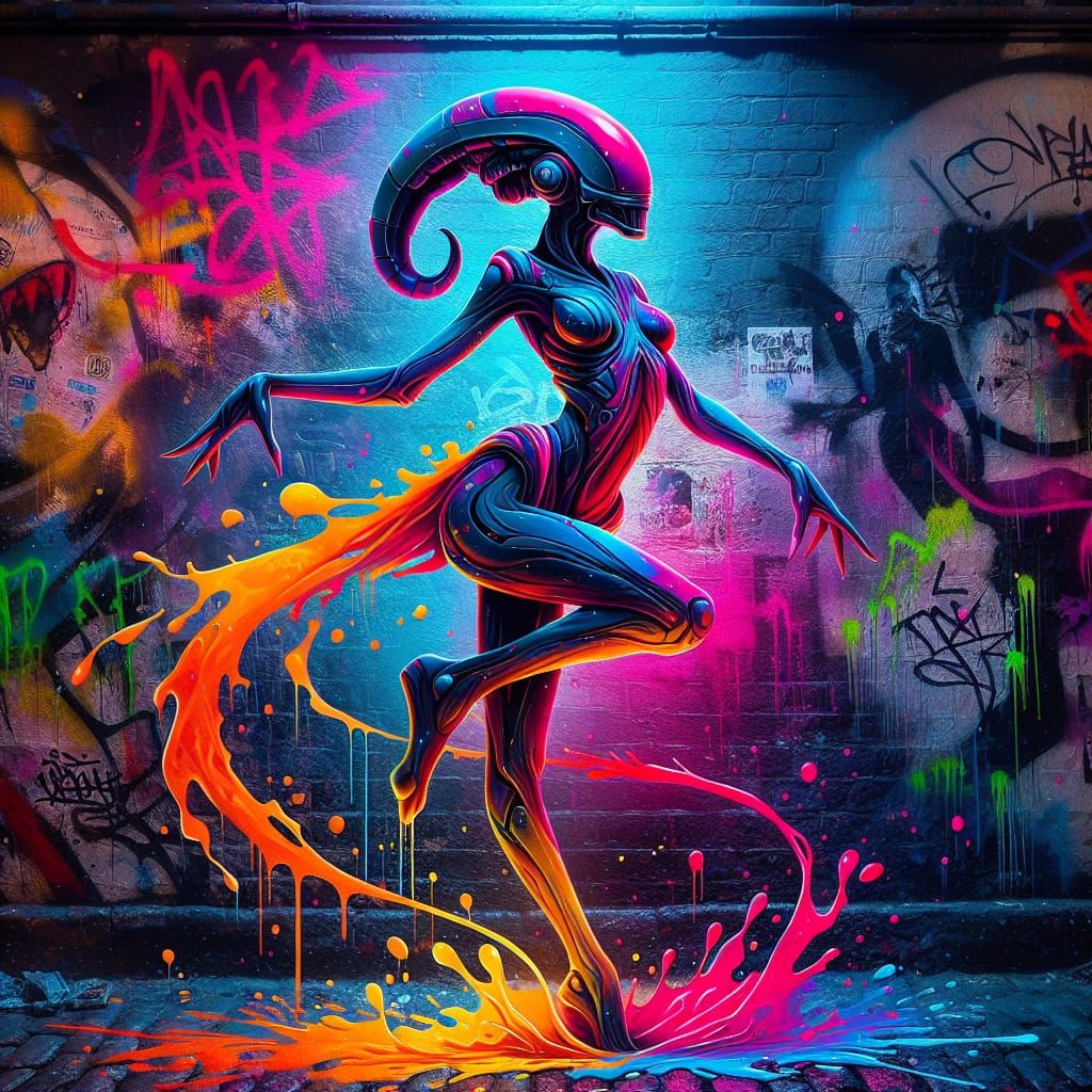 Neon Alien Dancer in Street Art Style