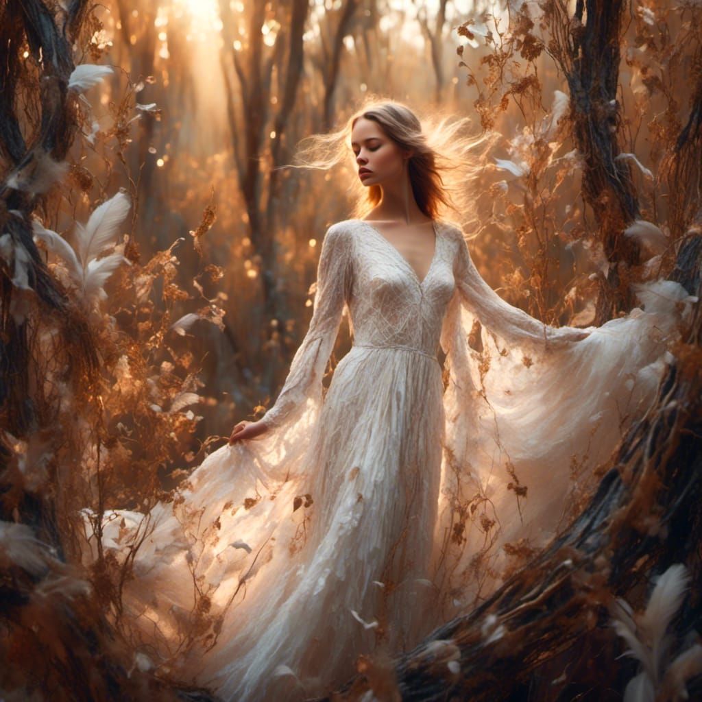 Ethereal Woman in Forest Dreamscape, Soft Focus Photography