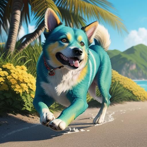 Hyperrealistic Dog Running on Sunny Beach Road