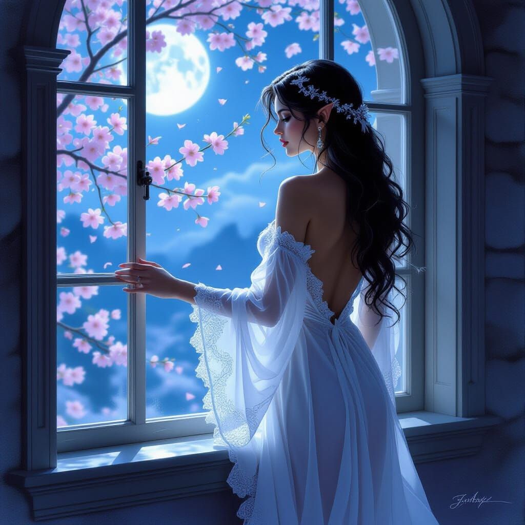 Elf Gazing at Cherry Blossoms in Moonlight Painting
