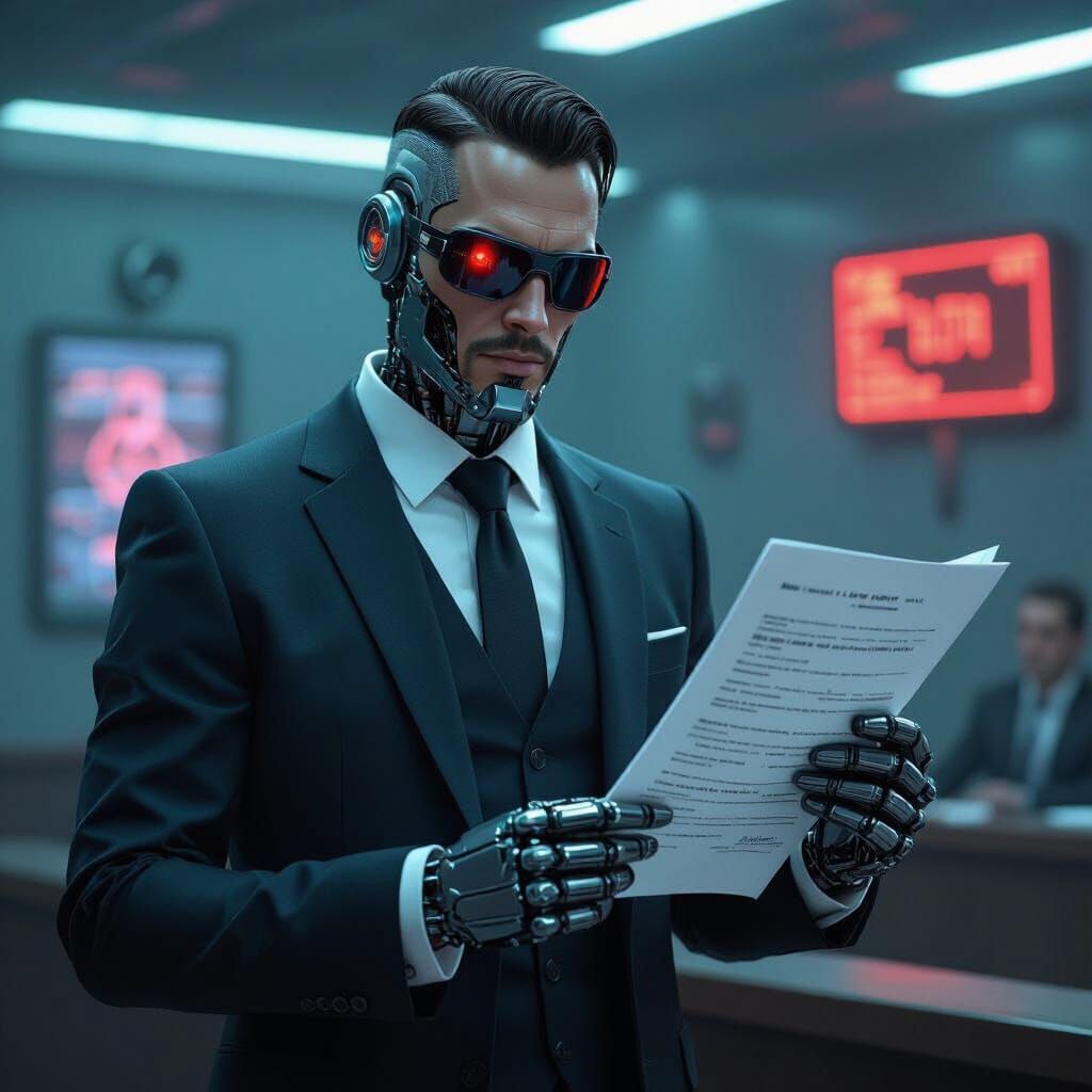 Cyborg Assassin in Courtroom, Syd Mead Style