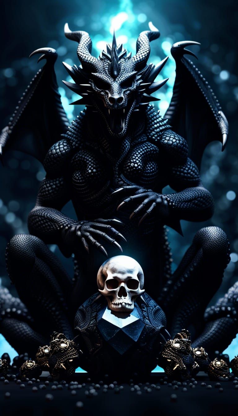 Black Dragon God with Skull and Crystals