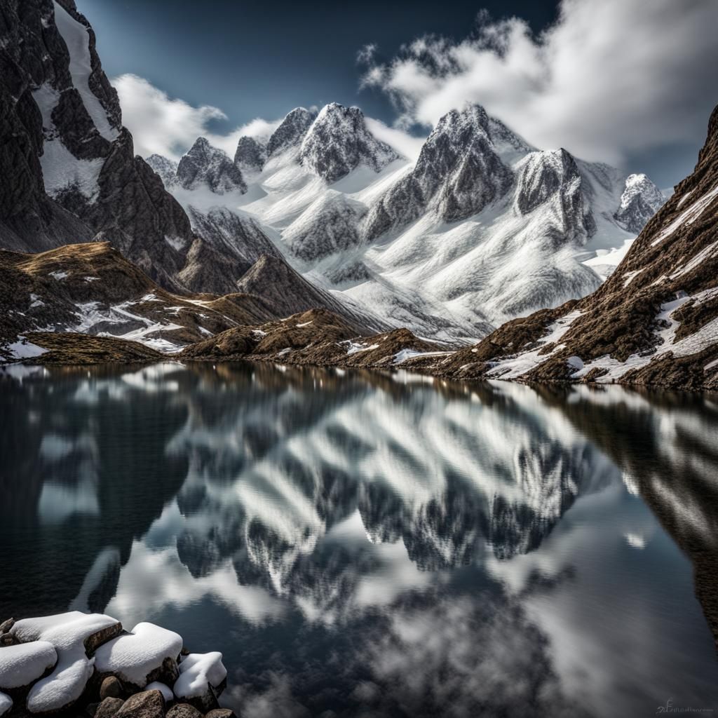 Snow-Capped Peaks Reflected in Alpine Lake