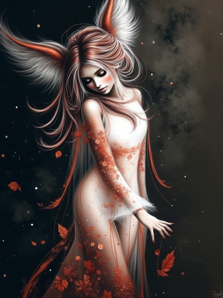 Anime-Inspired Brunette with Fox Ears in Whimsical Watercolo...