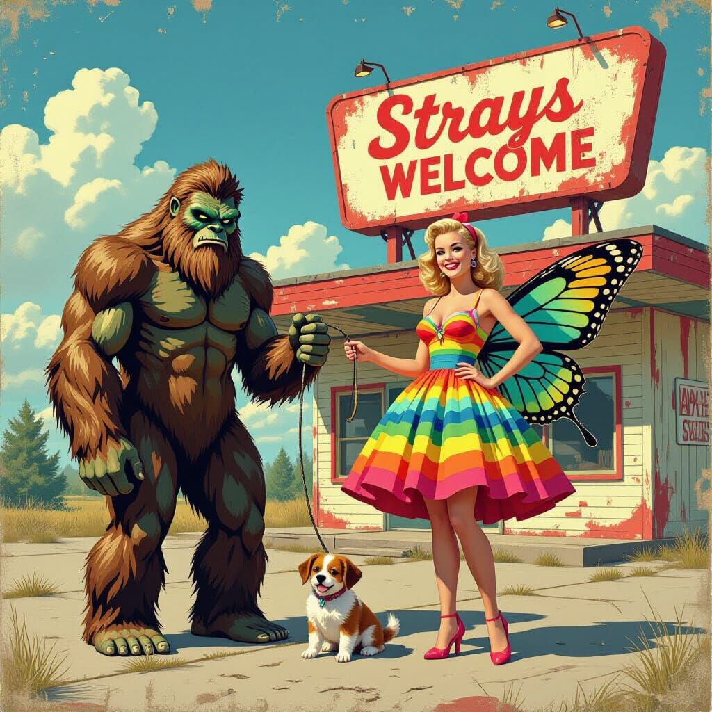 Bigfoot, Mothman, and Pinup Model Outside Strays