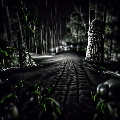 Eerie Forest Path in Film Noir Style