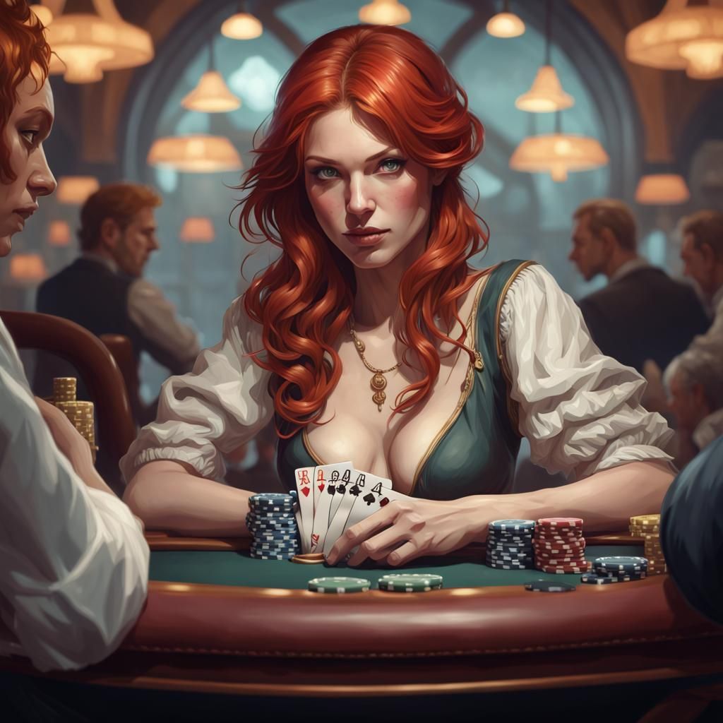 Redhead Woman Playing Poker in Art Nouveau Style